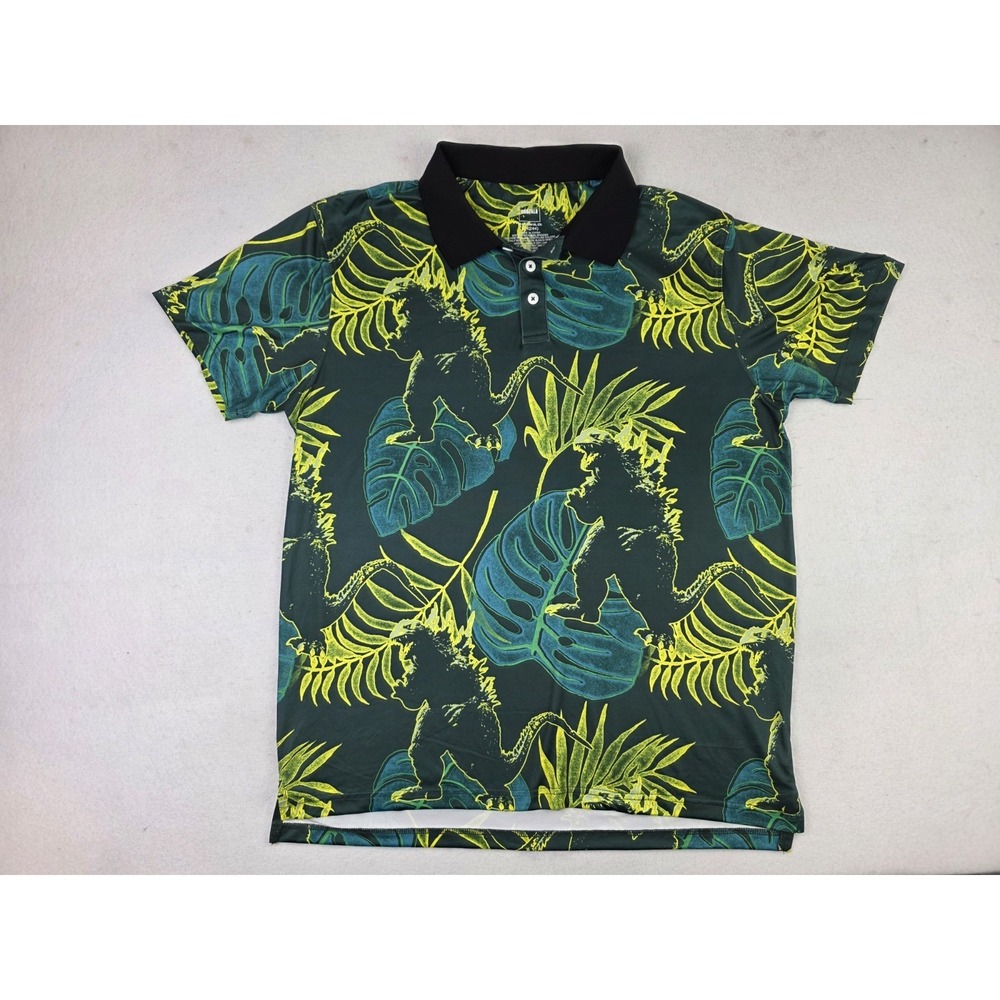 Godzilla TOHO Green Short Sleeve Polo Shirt Mens L Green Jungle Floral AOP Golf